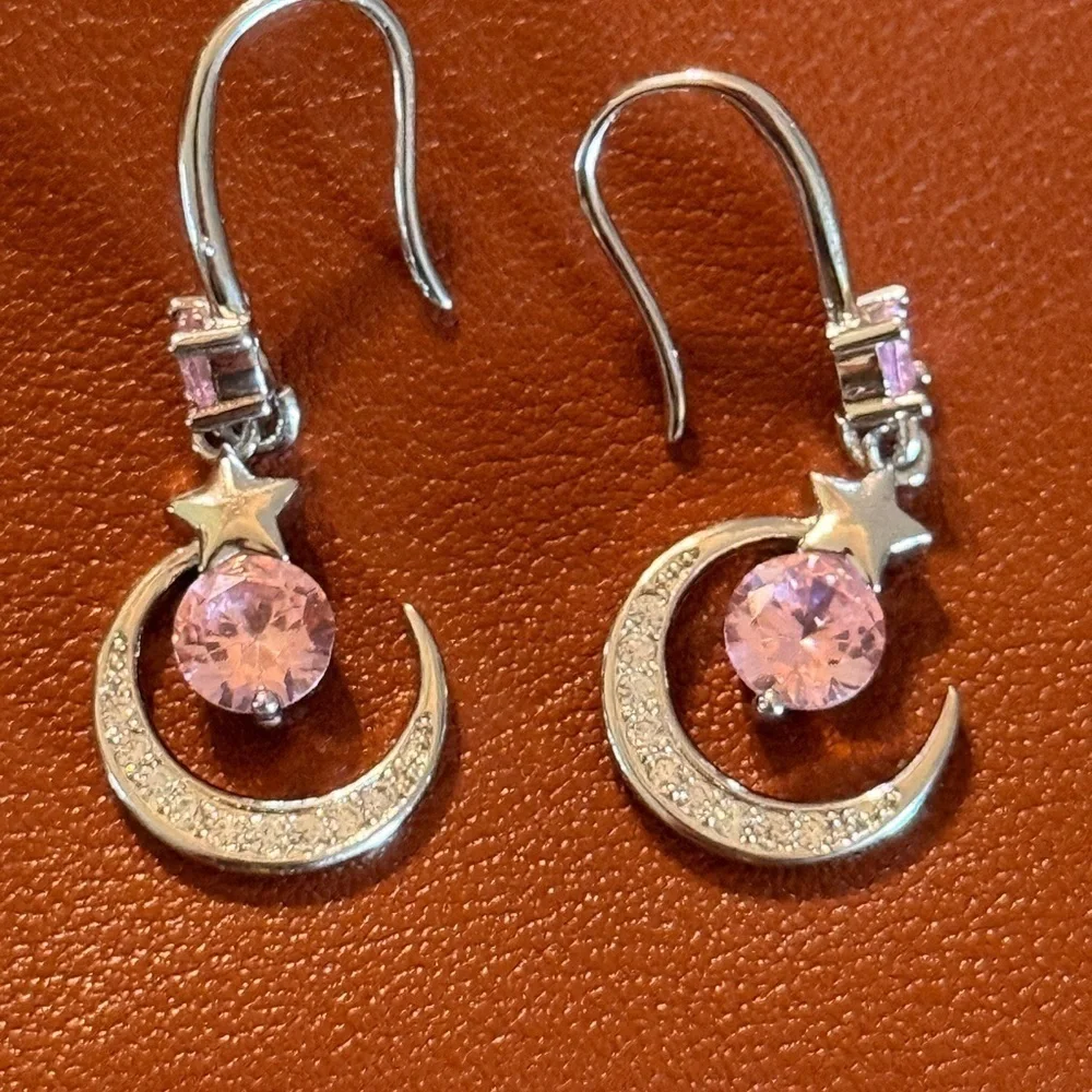 NWOT 925 Sterling Silver Pin Crushed Ice CZ Necklace & Pink Dangling Earrings